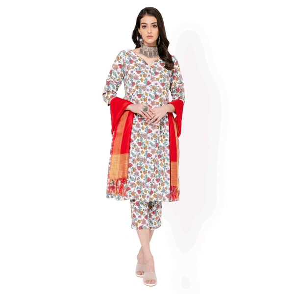 Printed Kurta Set With Red Dupatta  - S