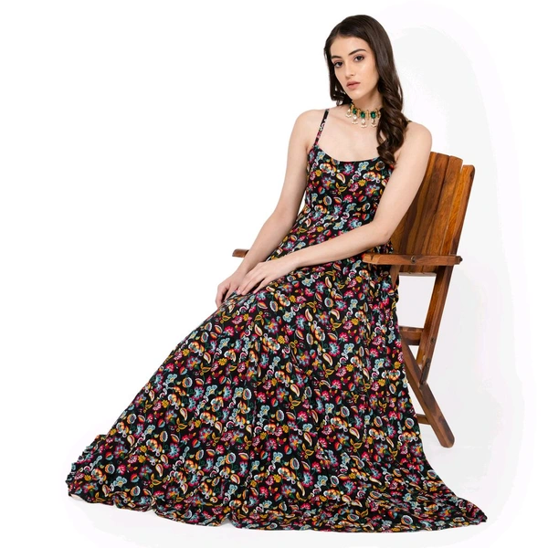 Flared Maxi Dress  - Black, S