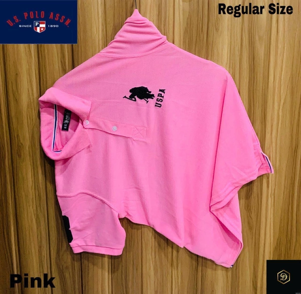 Cotton Solid Half Sleeves USPA Polo T-Shirt For Men-Pink - L