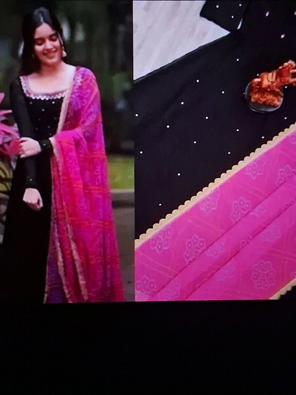 Attractive Georgette Gown for Women  With bandhani Dupatta - Multi colour, Black