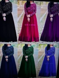 sfKanjari Womens Gown Net Model One Piece Maxi Long Dress for Girls Traditional Full Length Anarkali Long Frock for Women Readymade Full Stitched Gown  - Violet, Black, Green, Blue, Dark Blue,Pink,