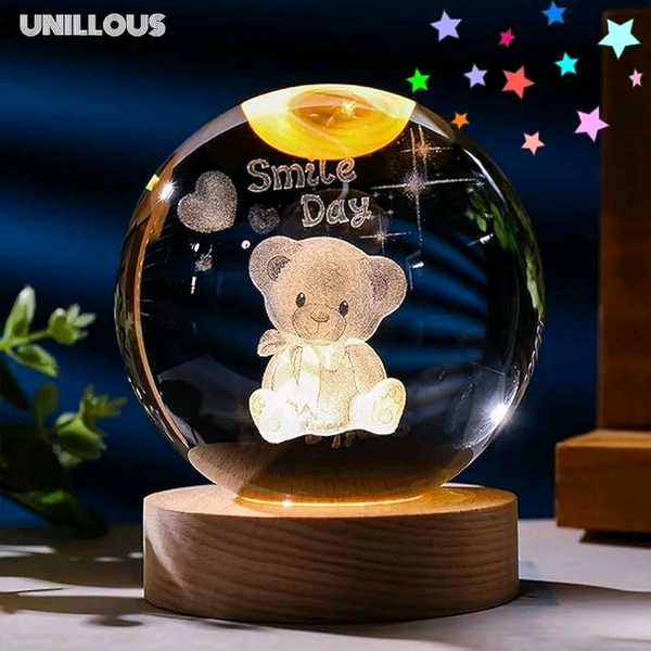 3D Crystal Ball Night Light with Engraved Teddy Bear