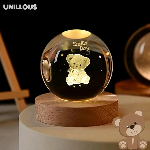 3D Crystal Ball Night Light with Engraved Teddy Bear