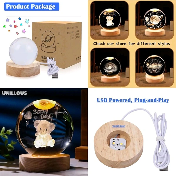 3D Crystal Ball Night Light with Engraved Teddy Bear