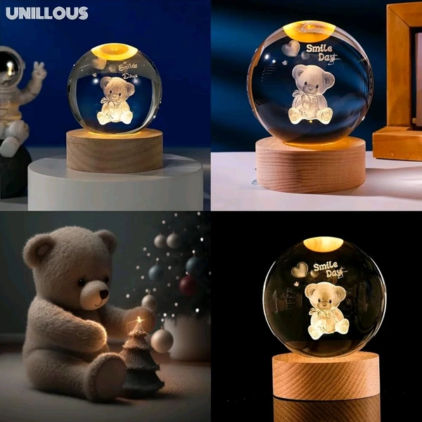 3D Crystal Ball Night Light with Engraved Teddy Bear
