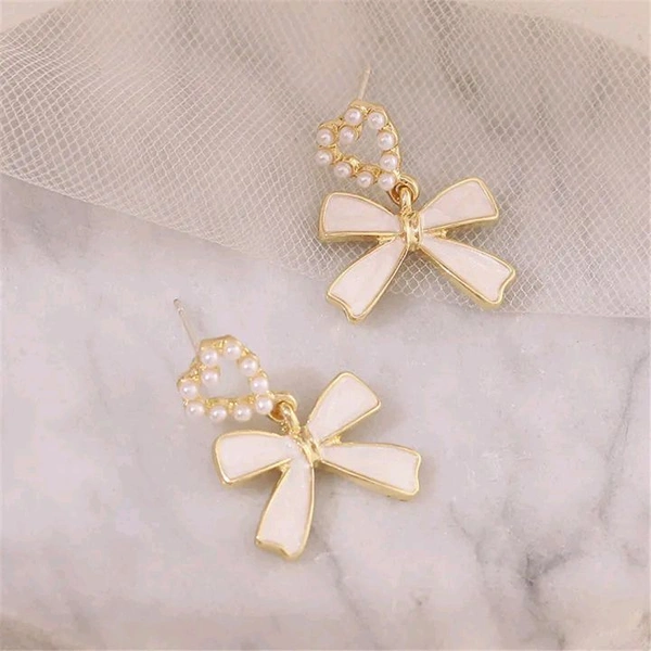 Radiance  Pearl Heart & Enamel Bow Drop Earrings