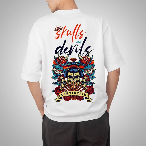 Fitforall® Skulls Devil Printed White  Oversized T-shirt for Men - White, M-40