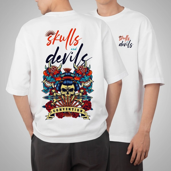 Fitforall® Skulls Devil Printed White  Oversized T-shirt for Men - White, M-40