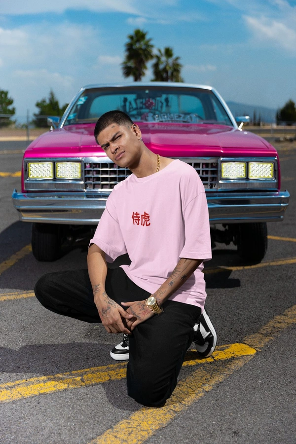 Fitforall® Japanese Tiger  Printed Black Oversized T-Shirt For Men - Pink, XL-44