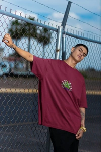 Fitforall® Mariijauna Printed Black Oversized T-Shirt For Unisex - Maroon, M-40