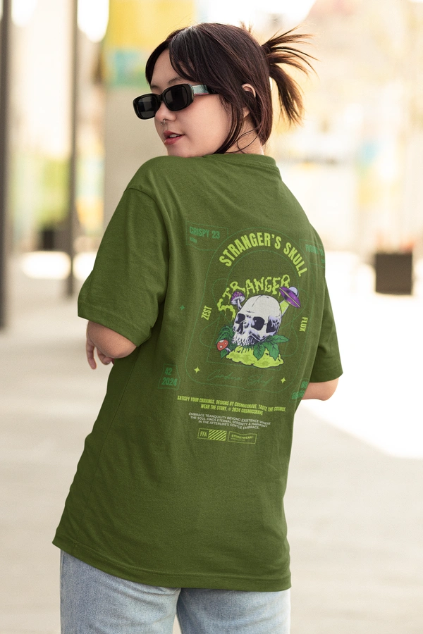 Fitforall® Stranger's Skull Oversized T Shirt For Unisex With 4 Color - M-40, Olive Green