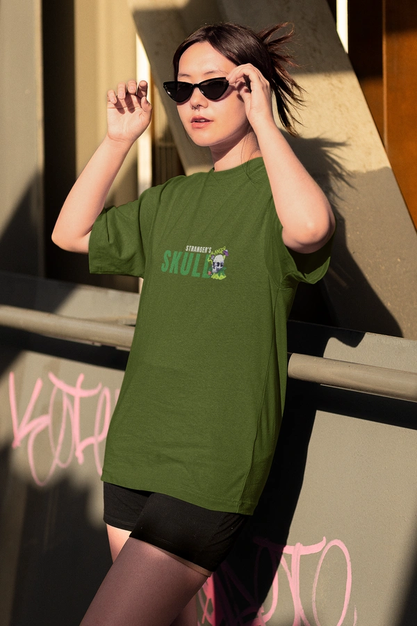 Fitforall® Stranger's Skull Oversized T Shirt For Unisex With 4 Color - M-40, Olive Green