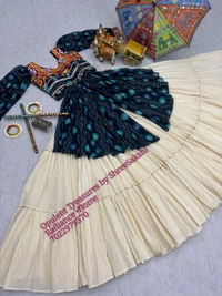 Beautiful Elegant Combination Of Tradition With Style - Blue Top With Off White Skirt
