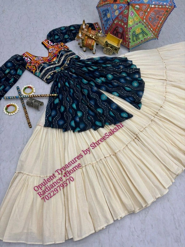 Beautiful Elegant Combination Of Tradition With Style - Blue Top With Off White Skirt