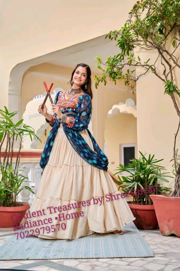 Beautiful Elegant Combination Of Tradition With Style - Blue Top With Off White Skirt