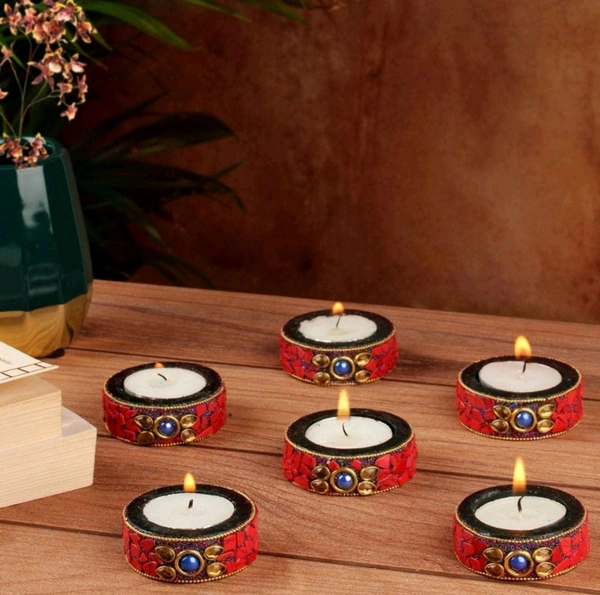 Set Of 6 Beautiful Red Lacqured Tlight Holders