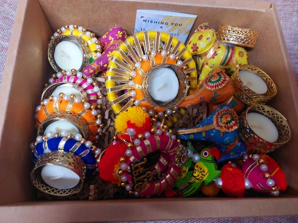 Hamper No 1 - 1 Pair Subh Labh,   1 Pc Wheel Tlight, 4 Pc Mini Tlight, 4 Pcs Elephant Tlight 