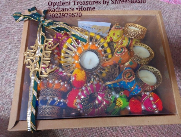 Hamper No 1 - 1 Pair Subh Labh,   1 Pc Wheel Tlight, 4 Pc Mini Tlight, 4 Pcs Elephant Tlight 
