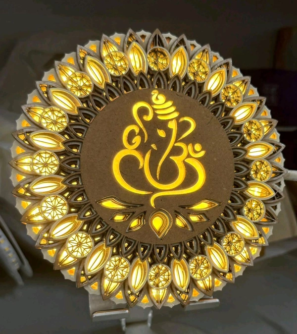 Beautifully Carved Wooden Ganesh Mandala , Illuminated With LED. 
