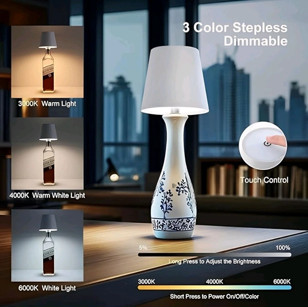 Neo Clean Wireless Rechargeable Bottle Lamp with Stepless Dimming LED, 3 Color Temperature Wine Bottle Light for Bedroom, Bar, Restaurant, Living Room Decoration, and Gift (Black)