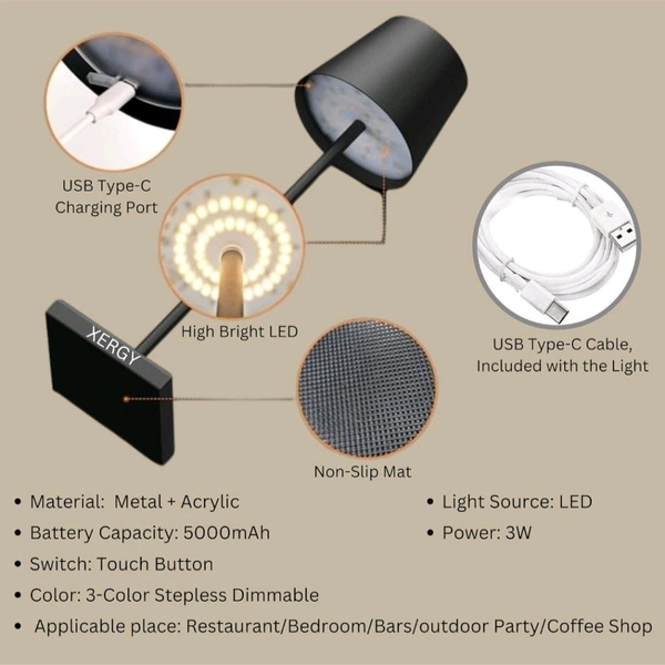 Neo Clean Portable Touch-Control Cordless LED Table Lamp - Metal Design, 3-Color Dimmable, Battery Operated for Bedroom, Restaurant, Bar, Outdoor Party, and Camping (Black)