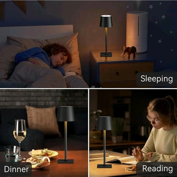 Neo Clean Portable Touch-Control Cordless LED Table Lamp - Metal Design, 3-Color Dimmable, Battery Operated for Bedroom, Restaurant, Bar, Outdoor Party, and Camping (Black)