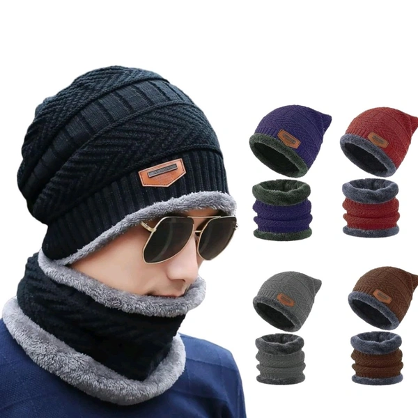 Neo Clean Winter Woolen Hat & Neck Warmer Scarf Set for Men & Women | Warm Velvet Cap & Scarf Combo | Free Size Multi-Color Winter Accessories