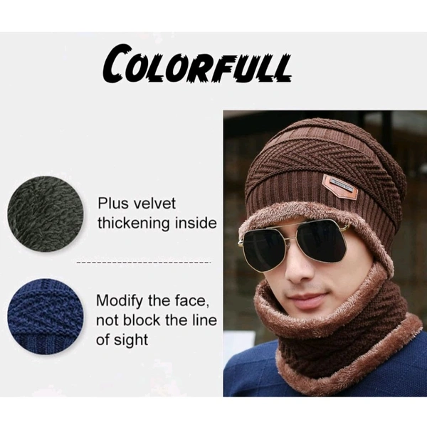 Neo Clean Winter Woolen Hat & Neck Warmer Scarf Set for Men & Women | Warm Velvet Cap & Scarf Combo | Free Size Multi-Color Winter Accessories