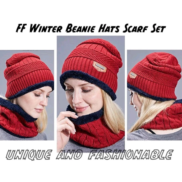 Neo Clean Winter Woolen Hat & Neck Warmer Scarf Set for Men & Women | Warm Velvet Cap & Scarf Combo | Free Size Multi-Color Winter Accessories