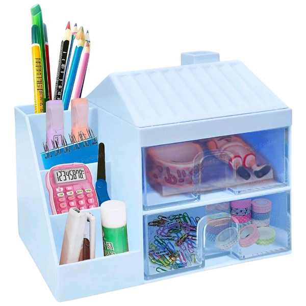 Neo Clean Hut Shaped Desk Organizer with Drawer - Multifunctional Stationery Holder, Office Organizer, Pen & Pencil Stand, Storage Shelf for Office & School (3 Random Colors)