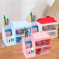 Neo Clean Hut Shaped Desk Organizer with Drawer - Multifunctional Stationery Holder, Office Organizer, Pen & Pencil Stand, Storage Shelf for Office & School (3 Random Colors)