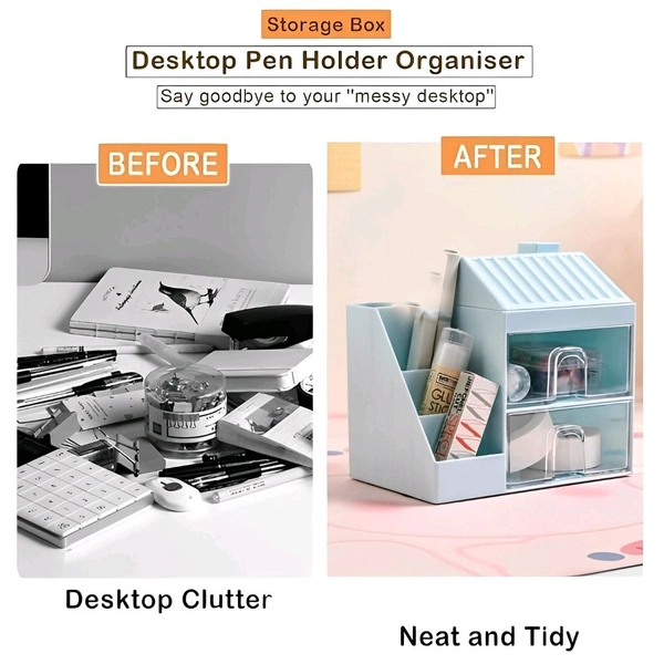 Neo Clean Hut Shaped Desk Organizer with Drawer - Multifunctional Stationery Holder, Office Organizer, Pen & Pencil Stand, Storage Shelf for Office & School (3 Random Colors)