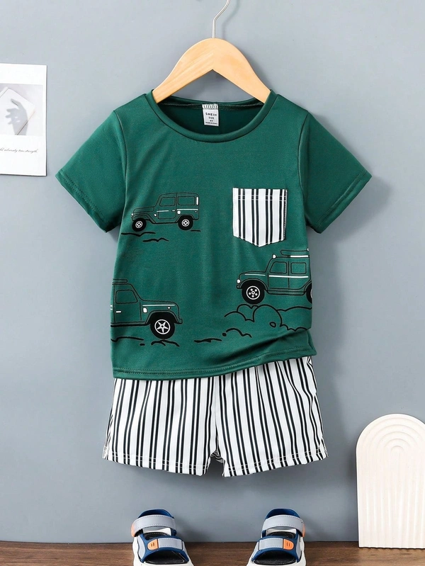 SRP Young Boy's Car Printed Short Sleeve T-Shirt And Striped Shorts Set