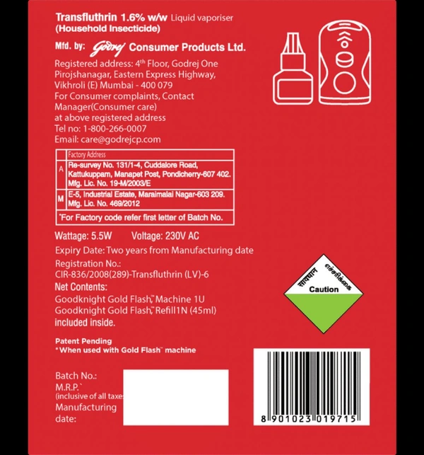 Good Knight Gold Flash Liquid Vapouriser Mosquito Repellent Machine+ Refill  - 45ml