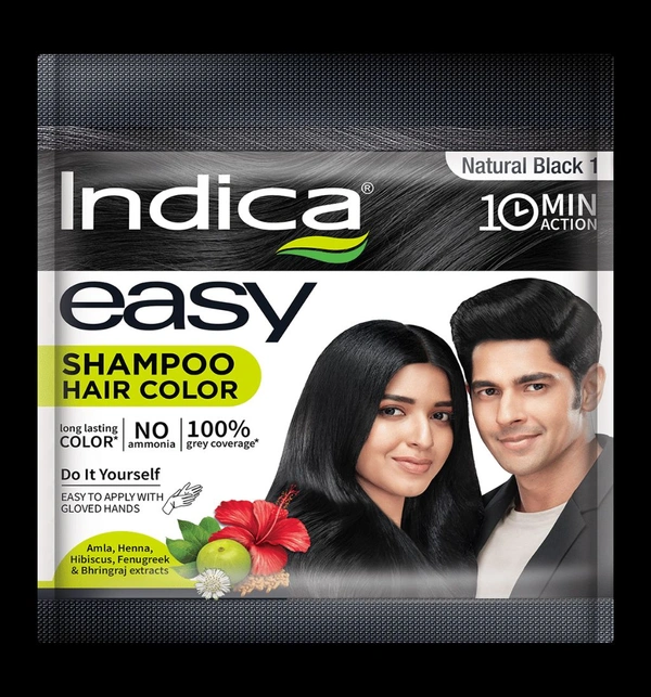 Indica Easy Black Hair Colour Shampoo  - Black, 10ml