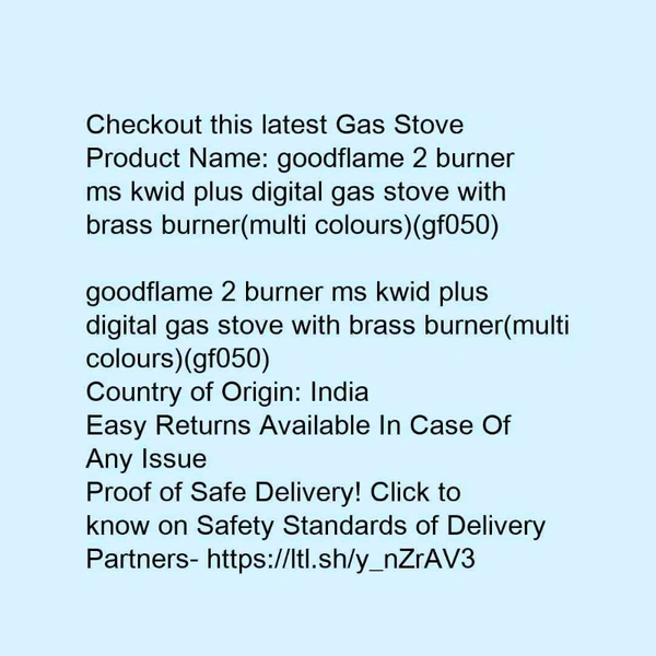 goodflame 2 burner ms kwid plus digital gas stove with brass burner(multi colours)