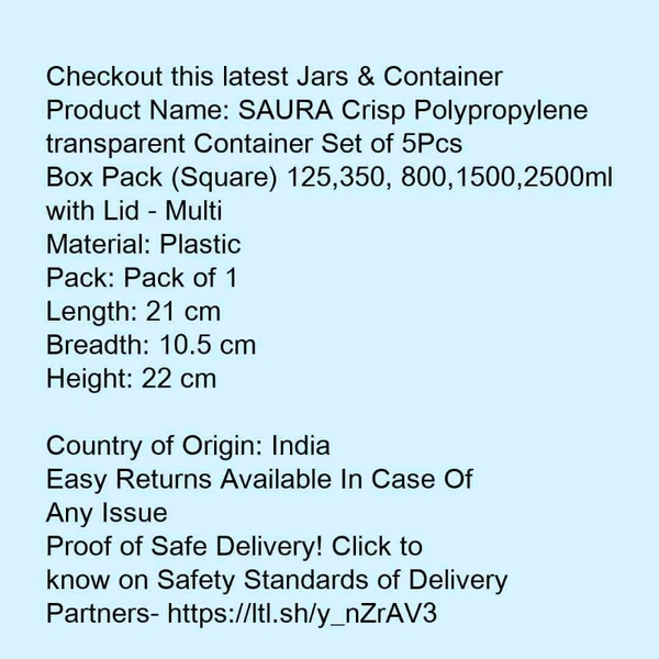 Polypropylene transparent Container Set of 5Pcs Box Pack (Square) 125,350, 800,1500,2500ml with Lid 