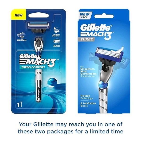 Gillette Mach 3 Turbo Shaving Razor for Men | Most Comfortable shave | Flexiball & Dynamic Pivot for Safe shave | Anti-Friction Blades & Lubricating Strip for smooth shave and sensitive skin