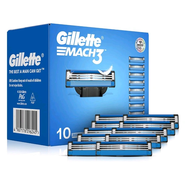 Gillette Mach3 Shaving Blades - Pack of 10 (Cartridges) | Razor blades for Men | Value Pack for upto 1 year of shaving | Anti-friction Blades for a comfortable shave | For sensitive skin & safe shave