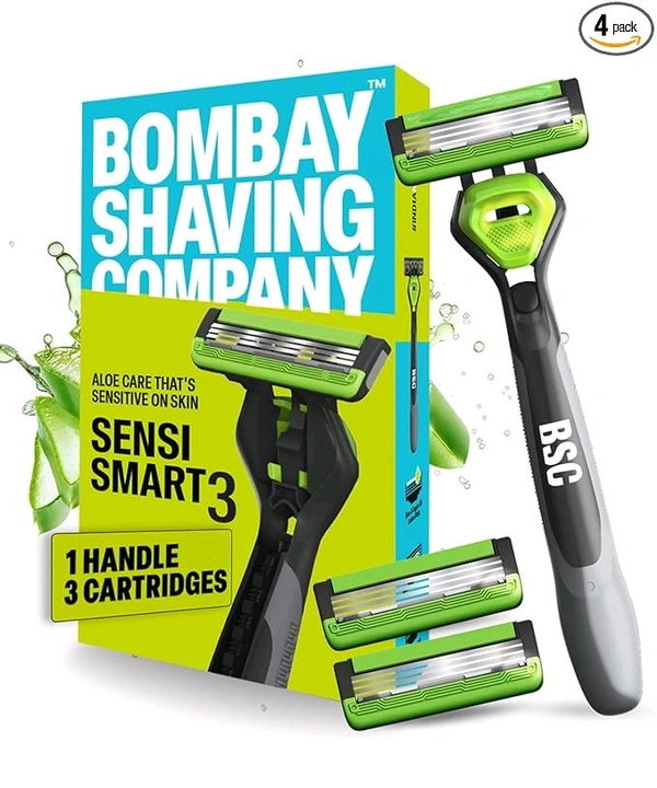 Bombay Shaving Company Sensi Smart 3 Value Pack (Handle + 3 Blades Cartridge) | Shaving Razor for Men | Aloe Gel and Argan Oil Lubra Strip with Pivot Head