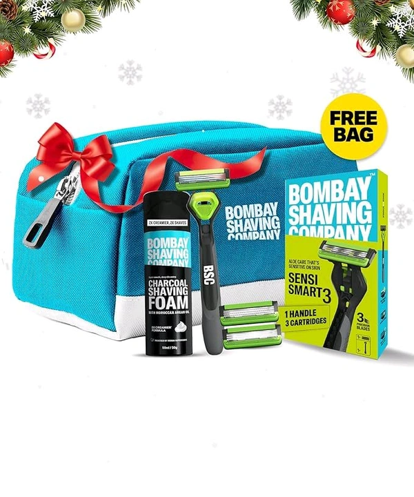 Bombay Shaving Company Sensi Smart 3 Shaving Kit For Men | Sensi Smart 3 Razor, Razor Cartridges, Charcoal Shaving Foam | Travel Bag | Shaving Kit For Sensitive Skin | Shaving Starter Kit | Travel Kit For Men