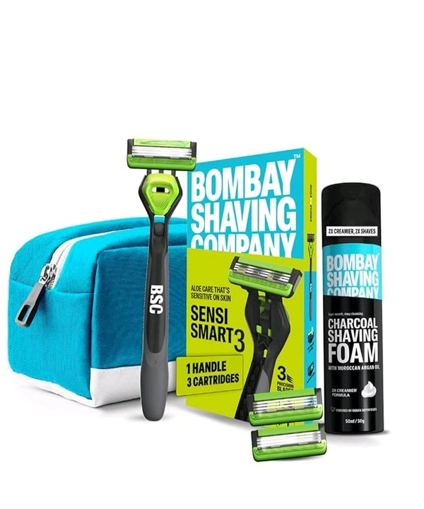 Bombay Shaving Company Sensi Smart 3 Shaving Kit For Men | Sensi Smart 3 Razor, Razor Cartridges, Charcoal Shaving Foam | Travel Bag | Shaving Kit For Sensitive Skin | Shaving Starter Kit | Travel Kit For Men