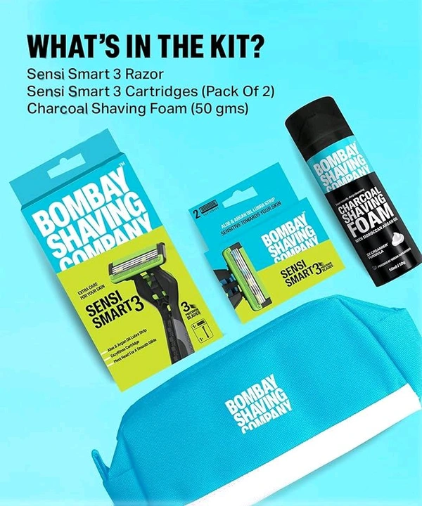 Bombay Shaving Company Sensi Smart 3 Shaving Kit For Men | Sensi Smart 3 Razor, Razor Cartridges, Charcoal Shaving Foam | Travel Bag | Shaving Kit For Sensitive Skin | Shaving Starter Kit | Travel Kit For Men
