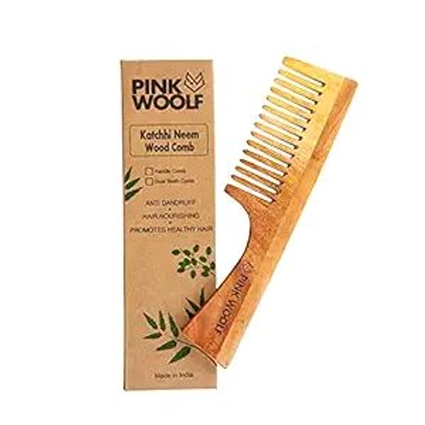wooden comb  Pink Woolf Neem Wood Comb with Handle | Wide Teeth for Easy Detangling | Reduces Frizz & Enhances Hair Shine | Style Curly Hair | Natural, Eco-Friendly | Pack Of 1