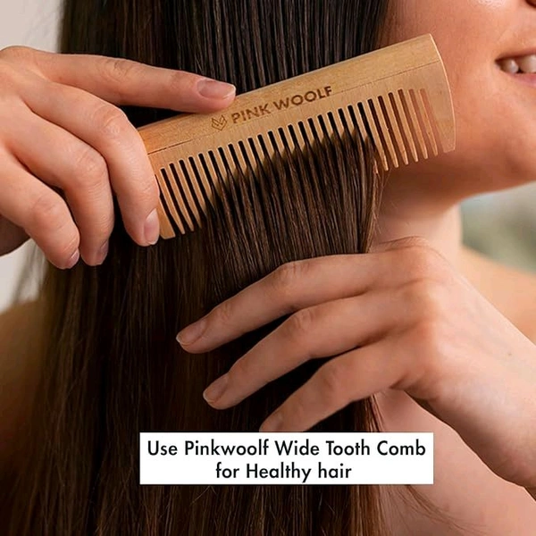wooden comb  Pink Woolf Neem Wood Comb with Handle | Wide Teeth for Easy Detangling | Reduces Frizz & Enhances Hair Shine | Style Curly Hair | Natural, Eco-Friendly | Pack Of 1