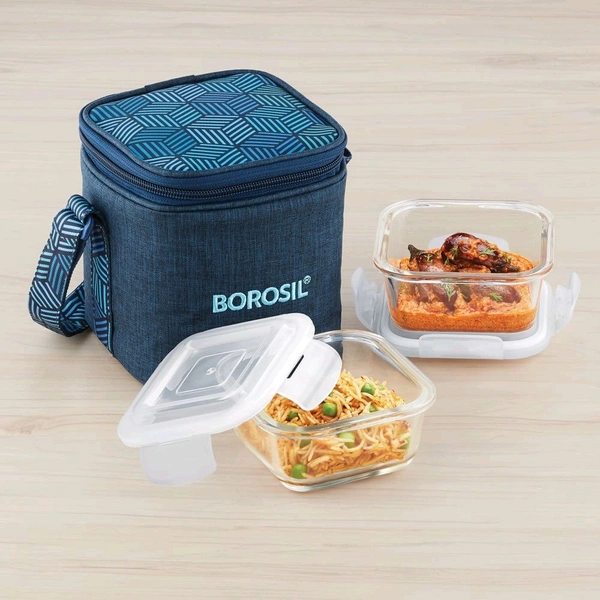 Lunch Box Borosil Foodluck Borosilicate Glass Lunch Box, Vertical (320 ml, Blue)