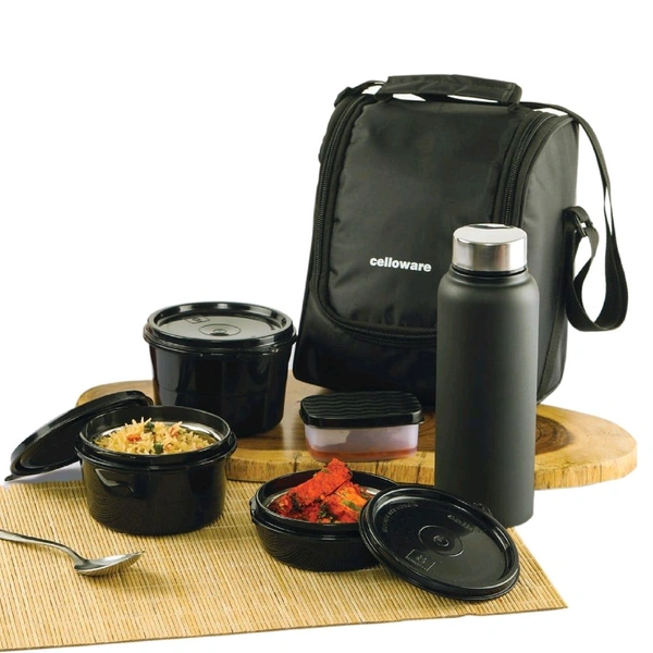 Cello MF All in One 6 Pcs Insulated Plastic Lunch Box with Bag (Black)