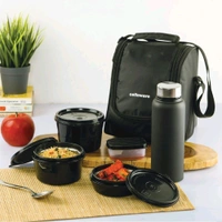 Cello MF All in One 6 Pcs Insulated Plastic Lunch Box with Bag (Black)