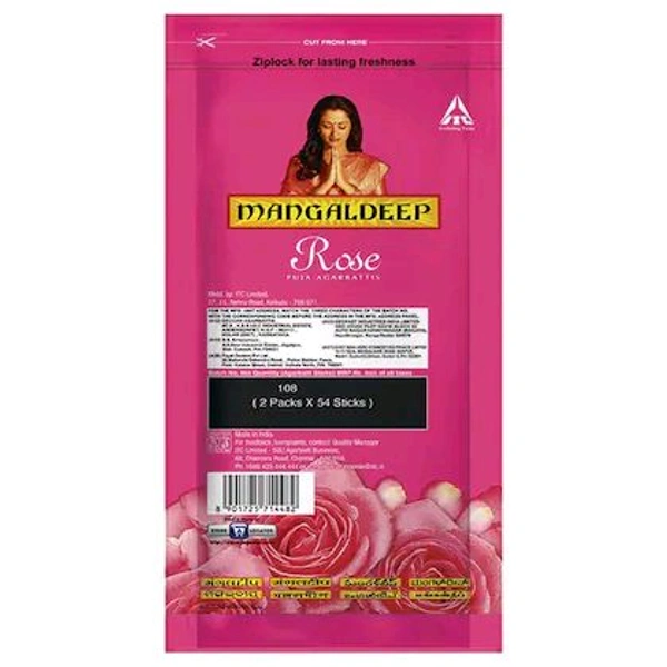 Mangaldeep Rose Ziplock Puja Agarbatti 108 pcs - 1cm X 14cm X 30cm