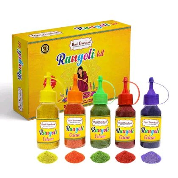 Hari Darshan Rangoli Kit - Set of 9 Rangoli Colours 100g each in 5 bottles with dispenser and 4 glitter Colour in packets, 2 Design Stencils, 1 Decorative Swastik and Rangoli Design book